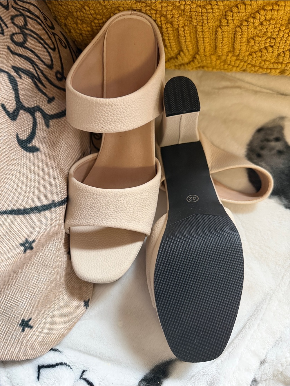 Women's Cream Two-Strap Block Heel Sandals